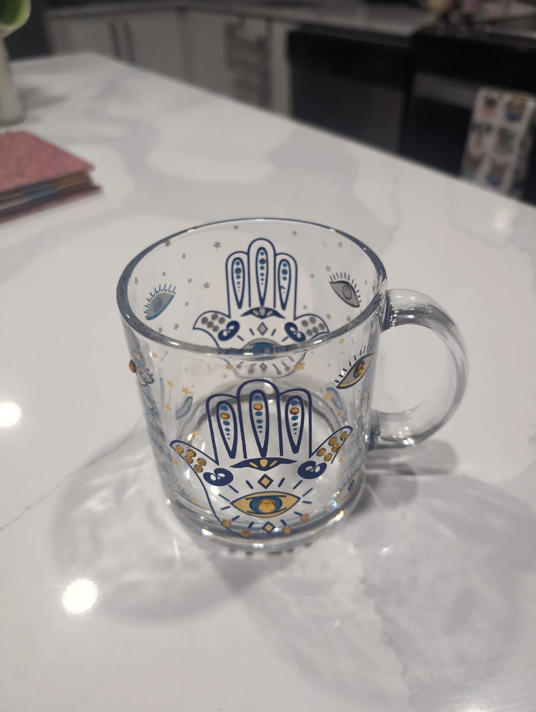 Clear Glass Mug with Hamsa Hand and Eye Design