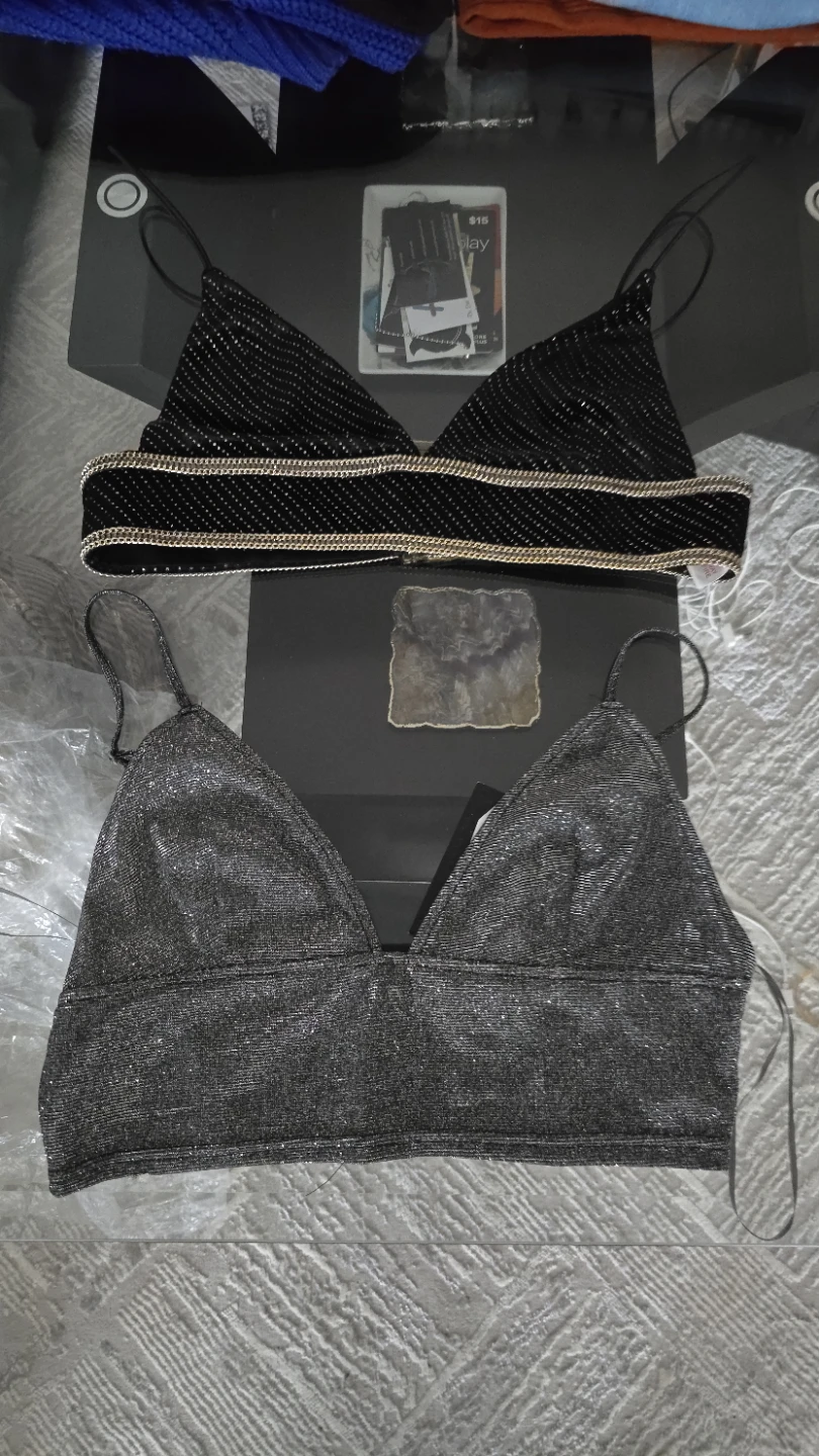 Naanaa Black & Silver Sparkle Crop Tops (2) - Size UK 14