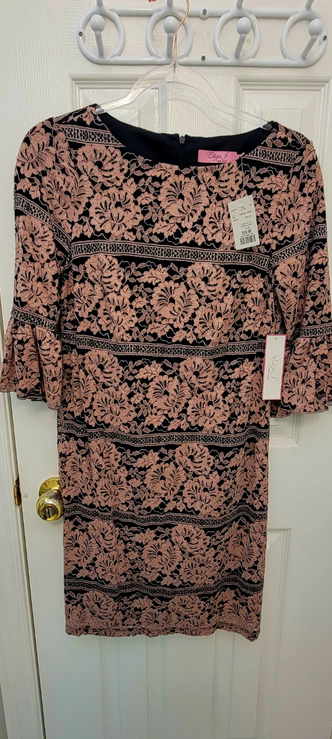 Women's Pink and Black Lace Bell Sleeve Dress