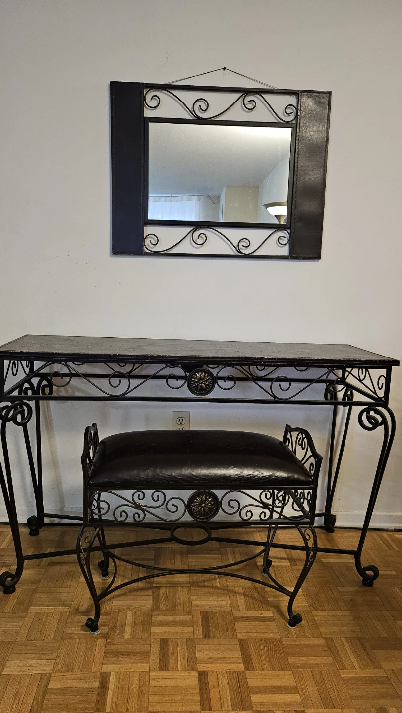 Wrought Iron Console Table with Mirror and bench