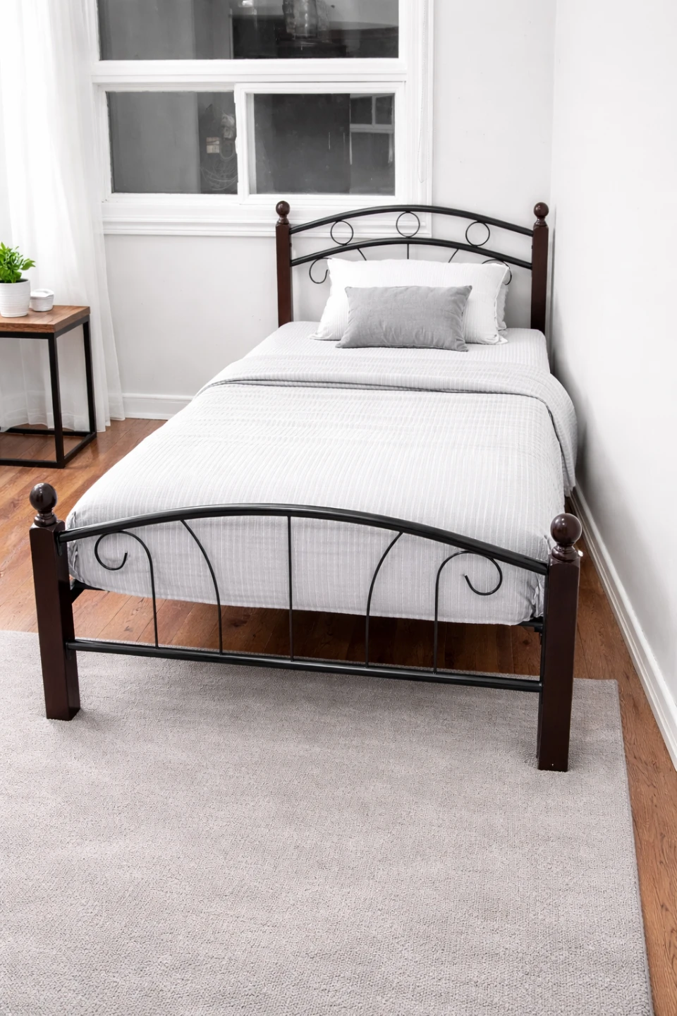 Twin Metal Bed Frame with Wood Posts