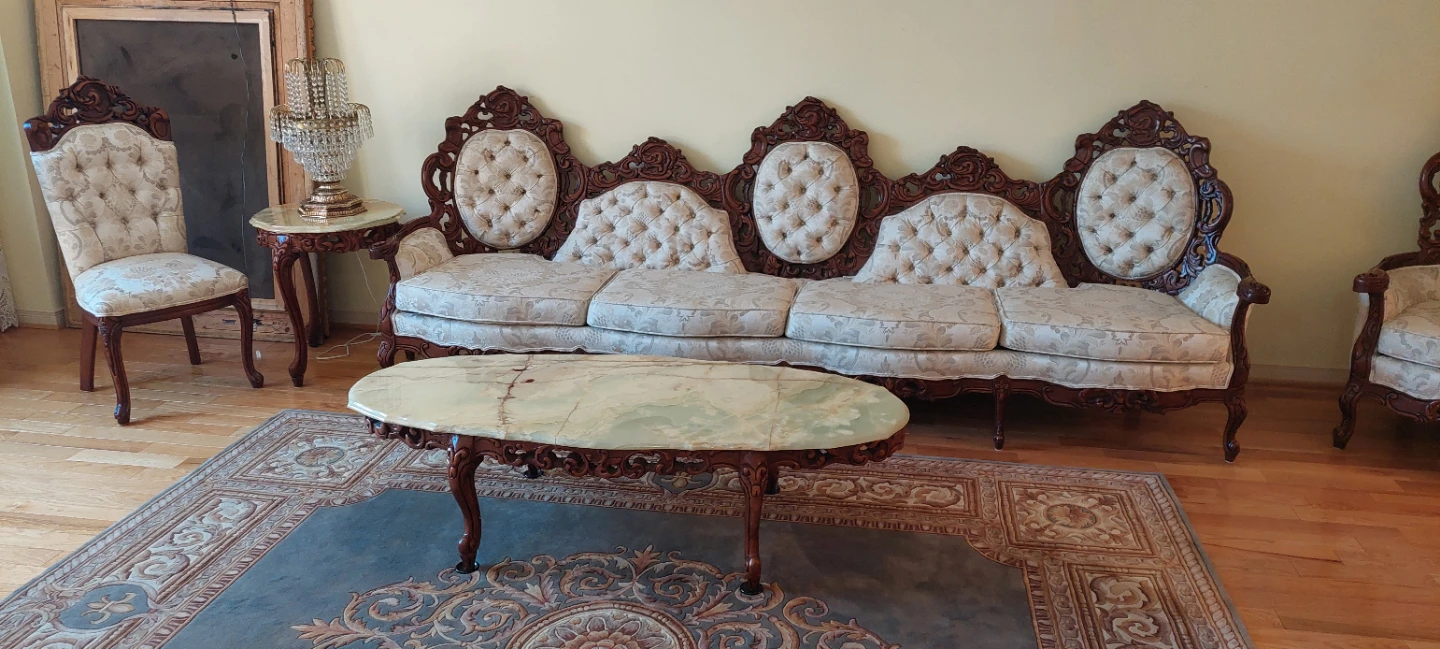 Vintage Ornate Wood and Upholstered Sofa Set