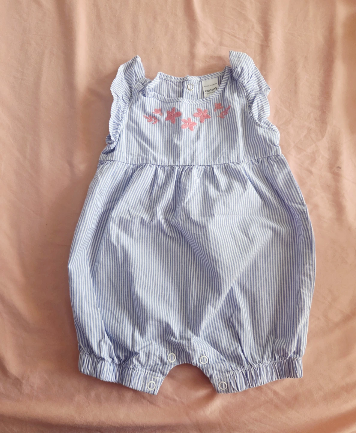 Carter's Baby Girl Blue Striped Romper with Floral Embroidery - photo 2