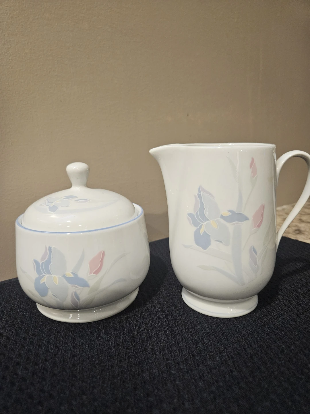 White Sugar Bowl and Creamer Set with Iris Design