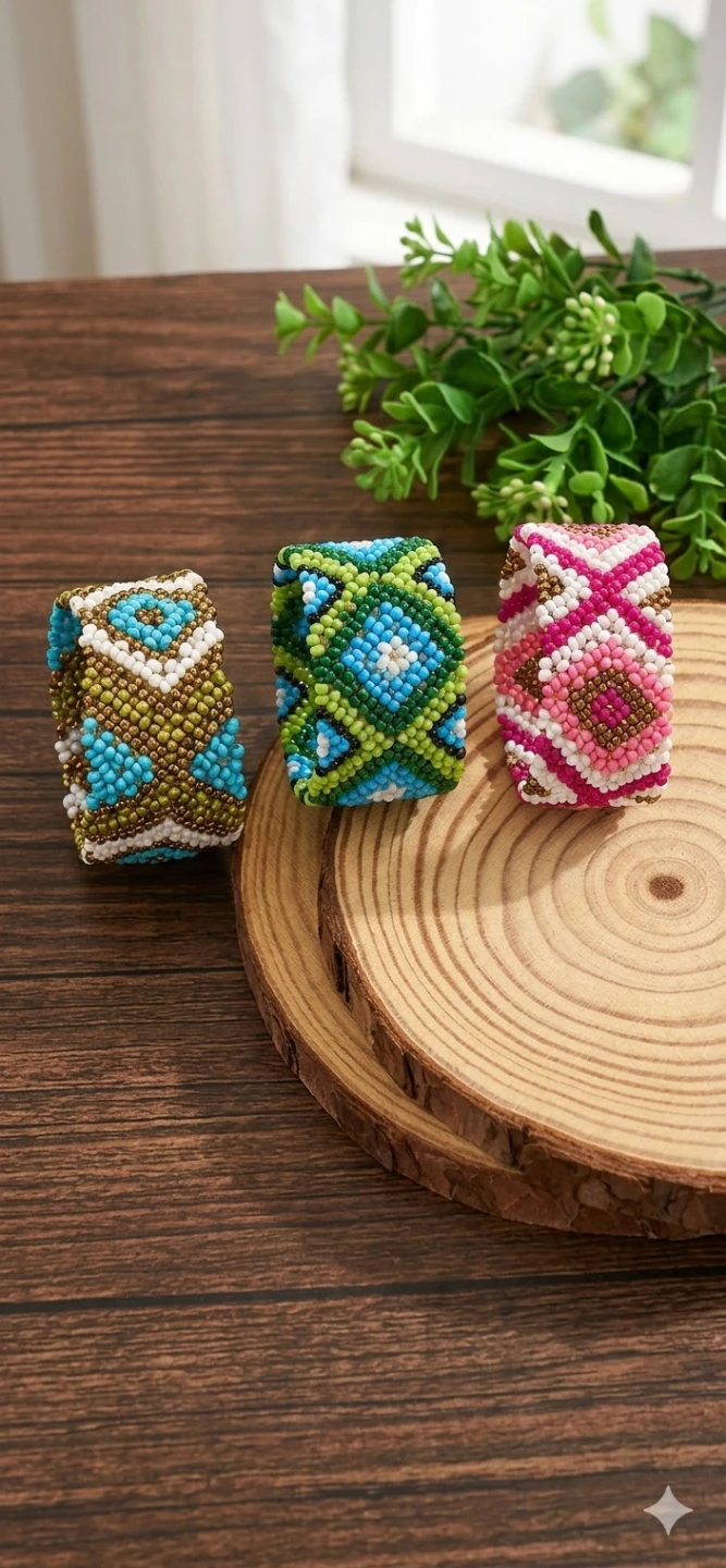 Handmade Geometric Beaded Cuff Bracelet • 3 Colors