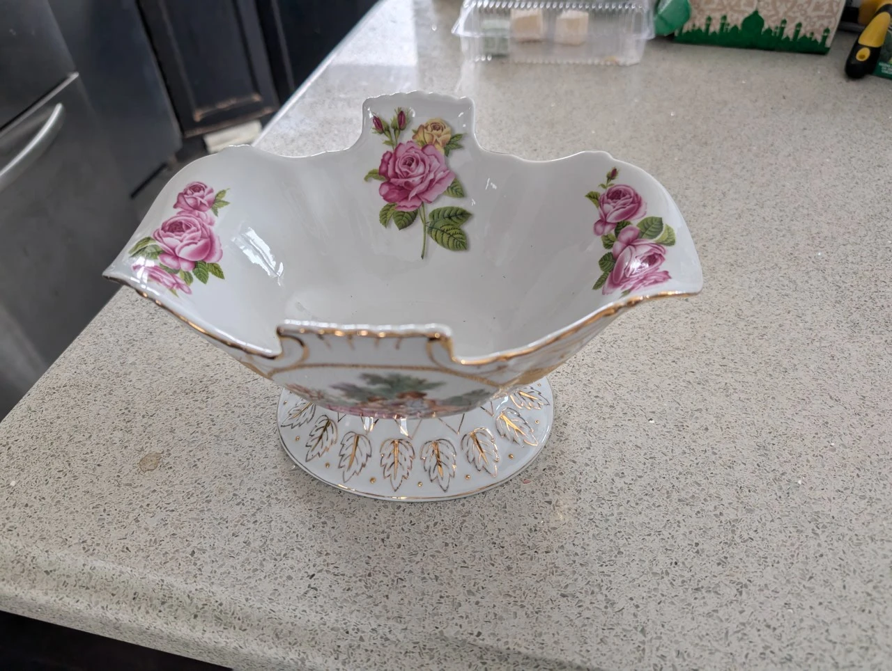 Decorative Footed Bowl with Pink Roses