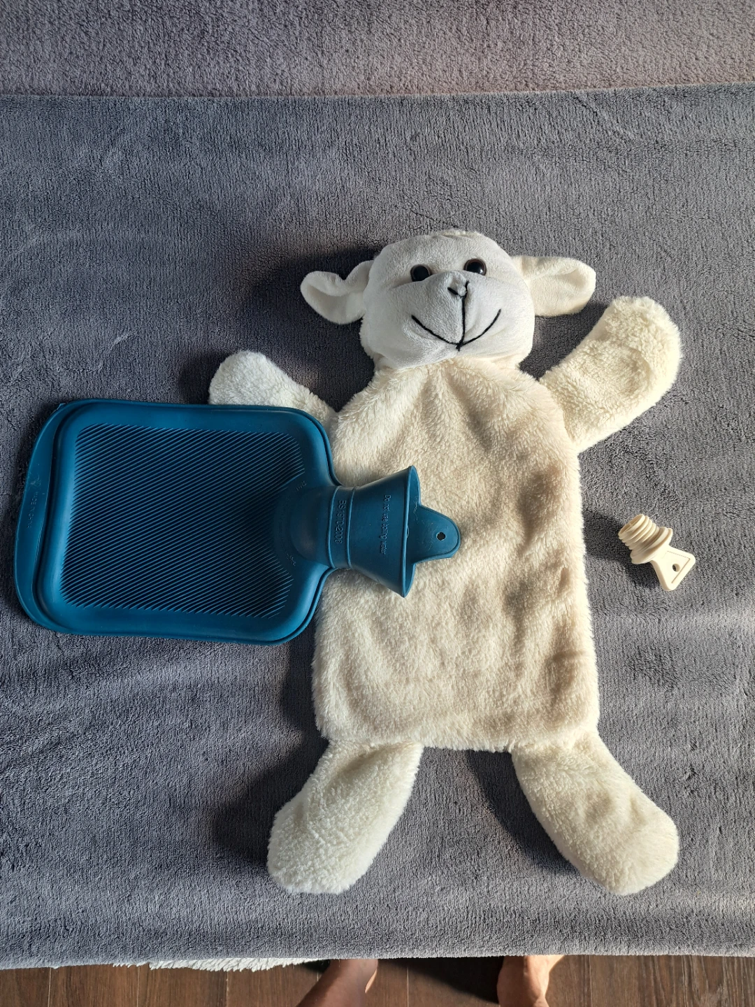 Lamb Hot Water Bottle Cover with Blue Bottle