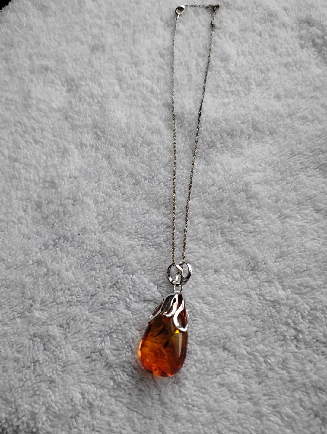 Amber and Sterling Silver Teardrop Pendant Necklace