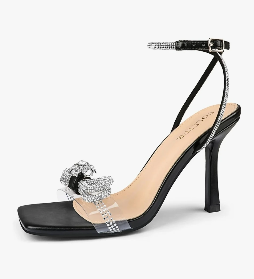 Rhinestone Bow Clear Heels Square Toe Stiletto Sandals Black