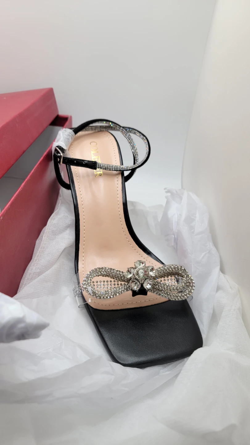 Rhinestone Bow Clear Heels Square Toe Stiletto Sandals Black - photo 4