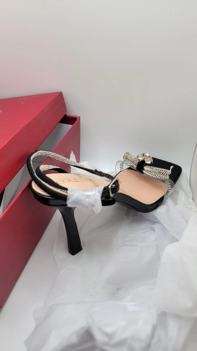 Rhinestone Bow Clear Heels Square Toe Stiletto Sandals Black - photo 5
