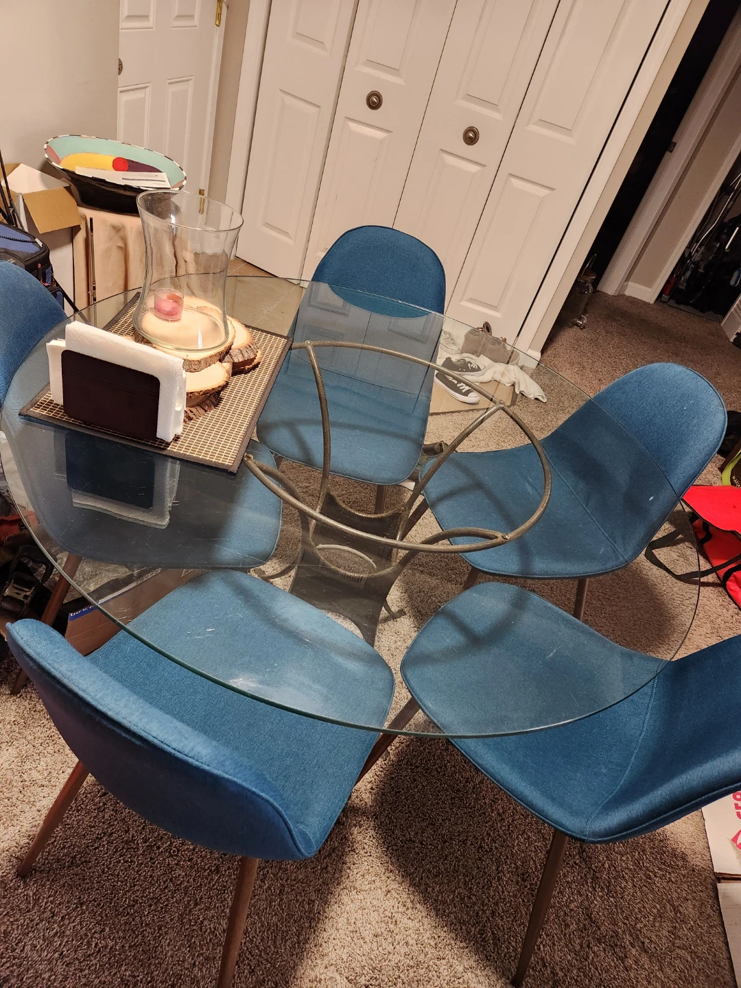 Glass Top Dining Table with 4 Blue Chairs