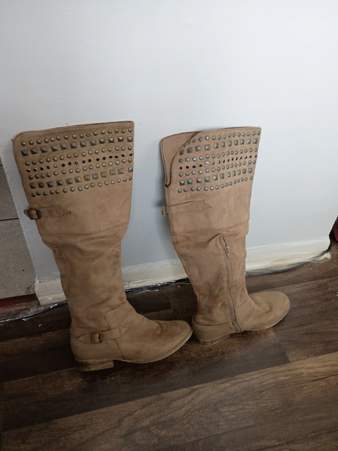 Tan Suede Knee-High Boots with Studs