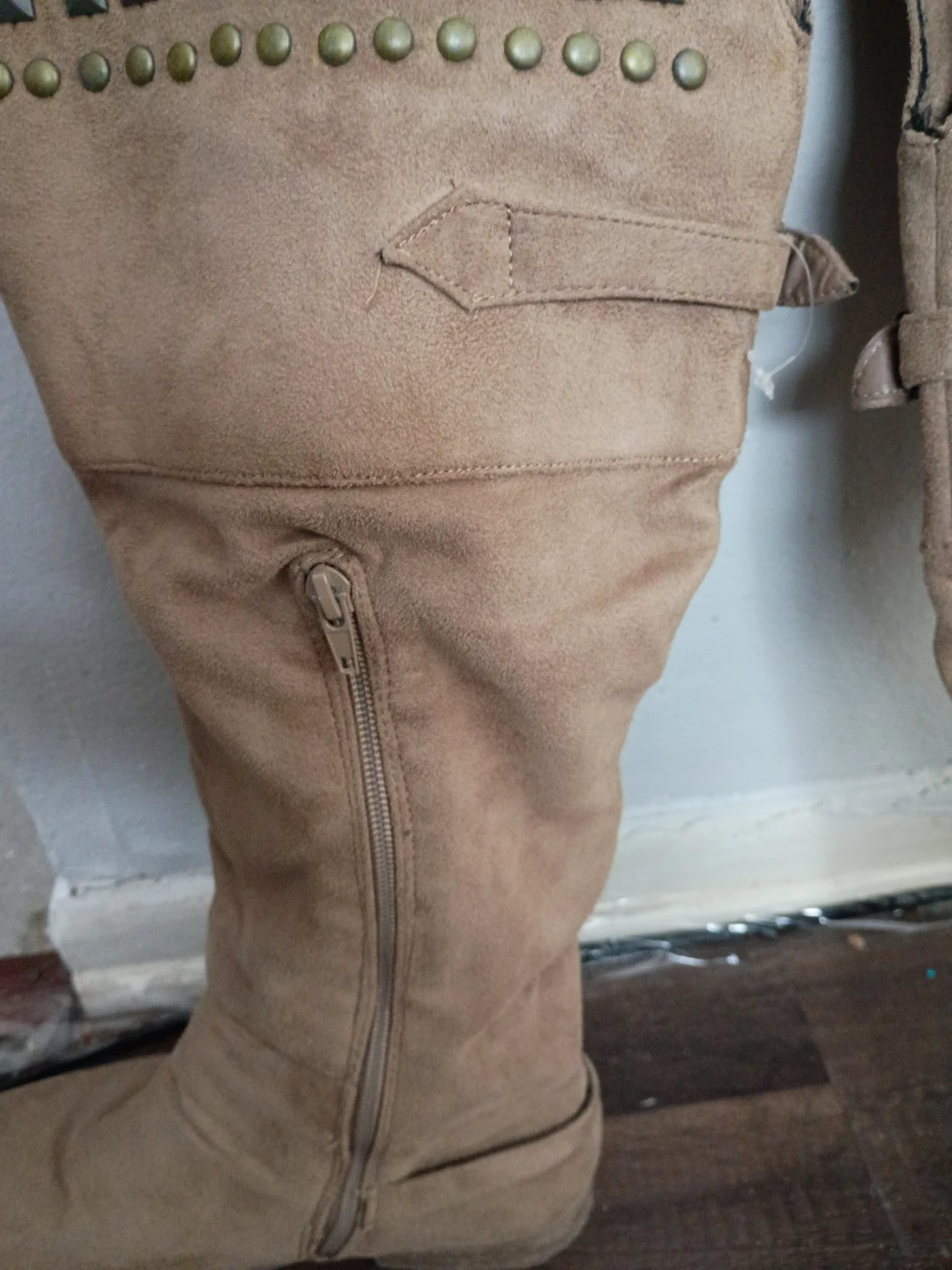 Tan Suede Knee-High Boots with Studs - photo 4