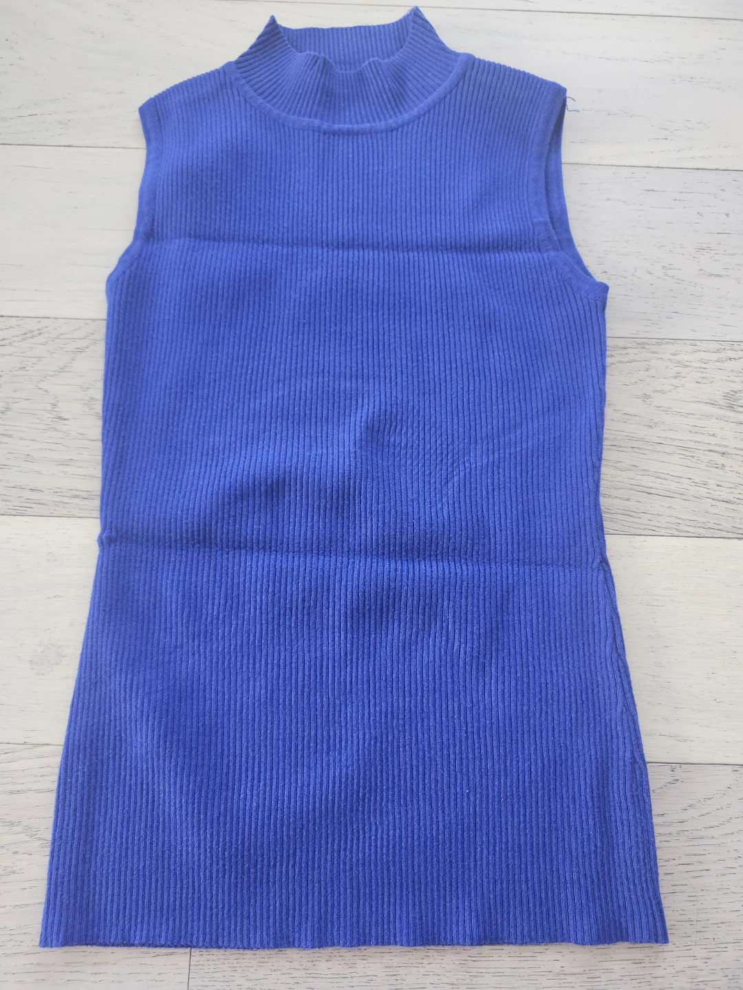 Blue Sleeveless Ribbed Mock Neck Top