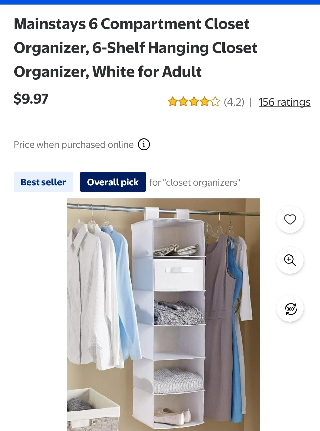 Mainstays 6 Compartment Closet Organizer - White - photo 3