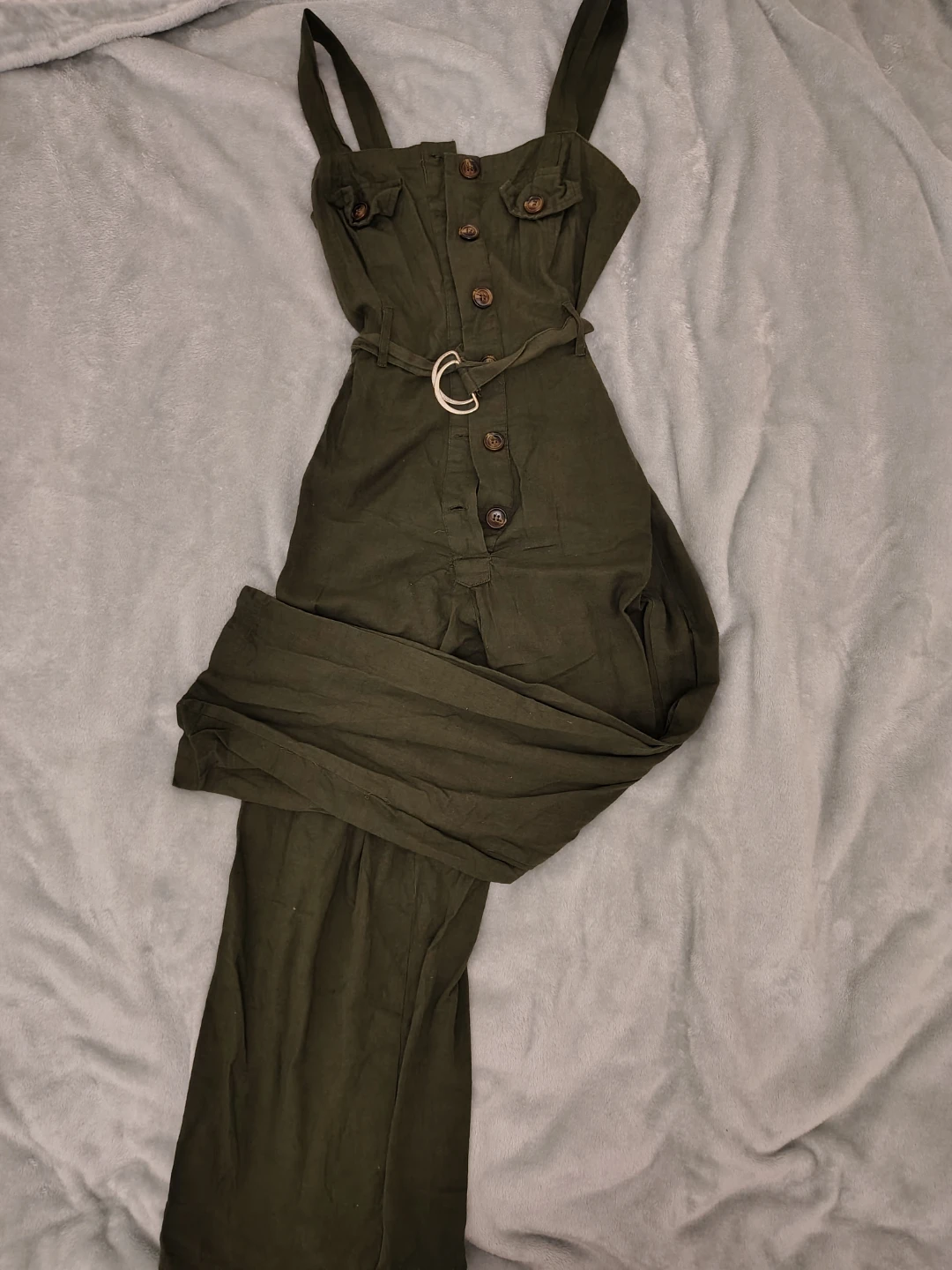 Cotton Olive Green Belted Jumpsuit - xs-s