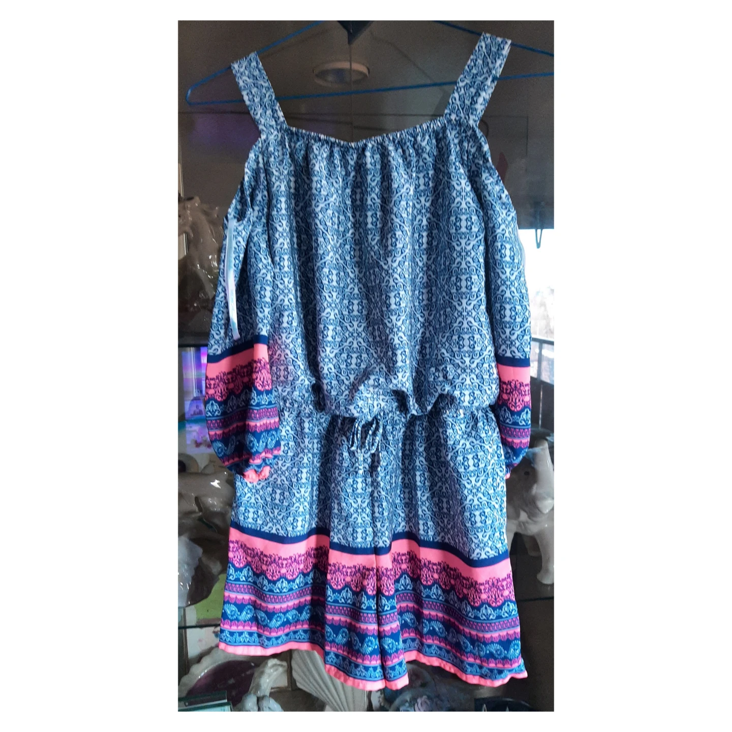 Blue and Pink Patterned Cold Shoulder Romper