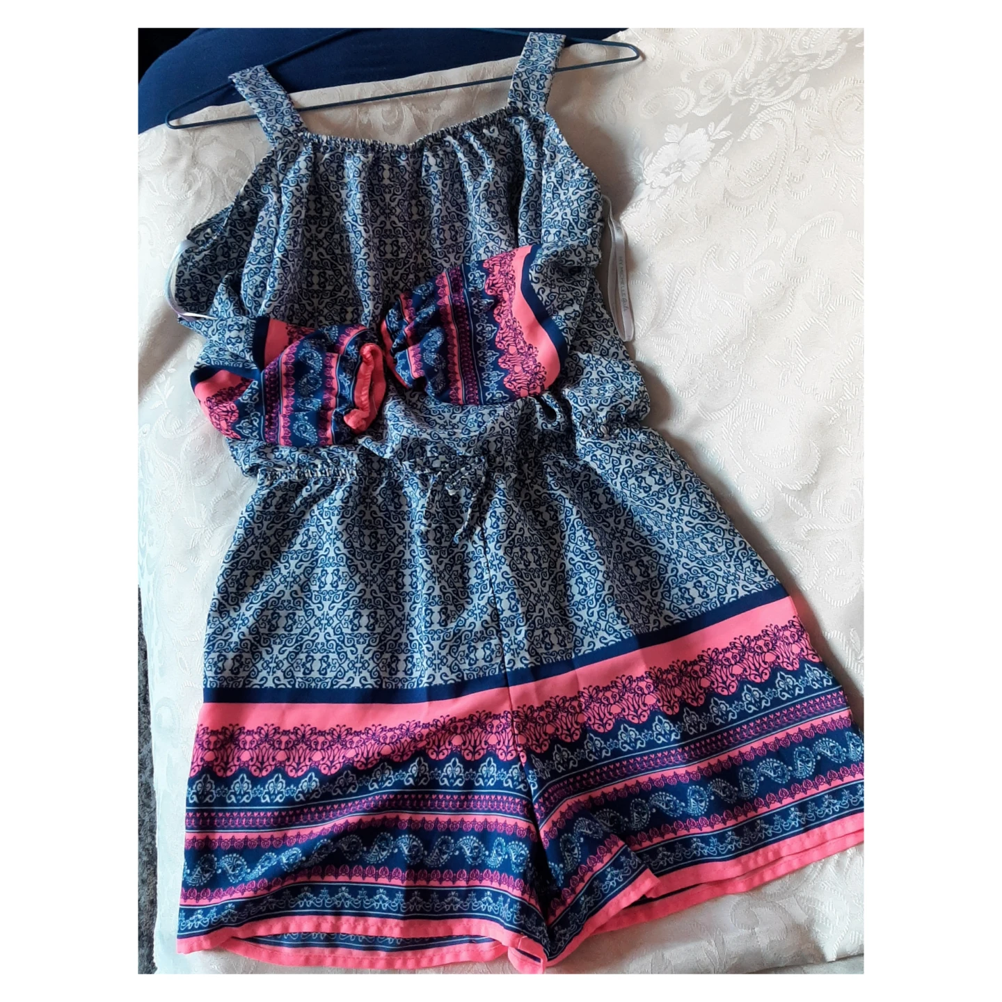 Blue and Pink Patterned Cold Shoulder Romper - photo 3