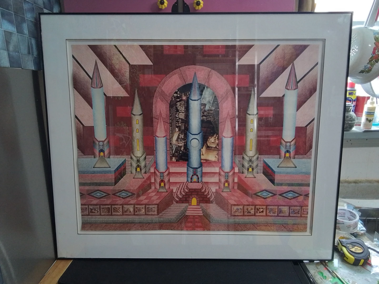 Framed Signed Surrealist Mix Media 36X31.5" H