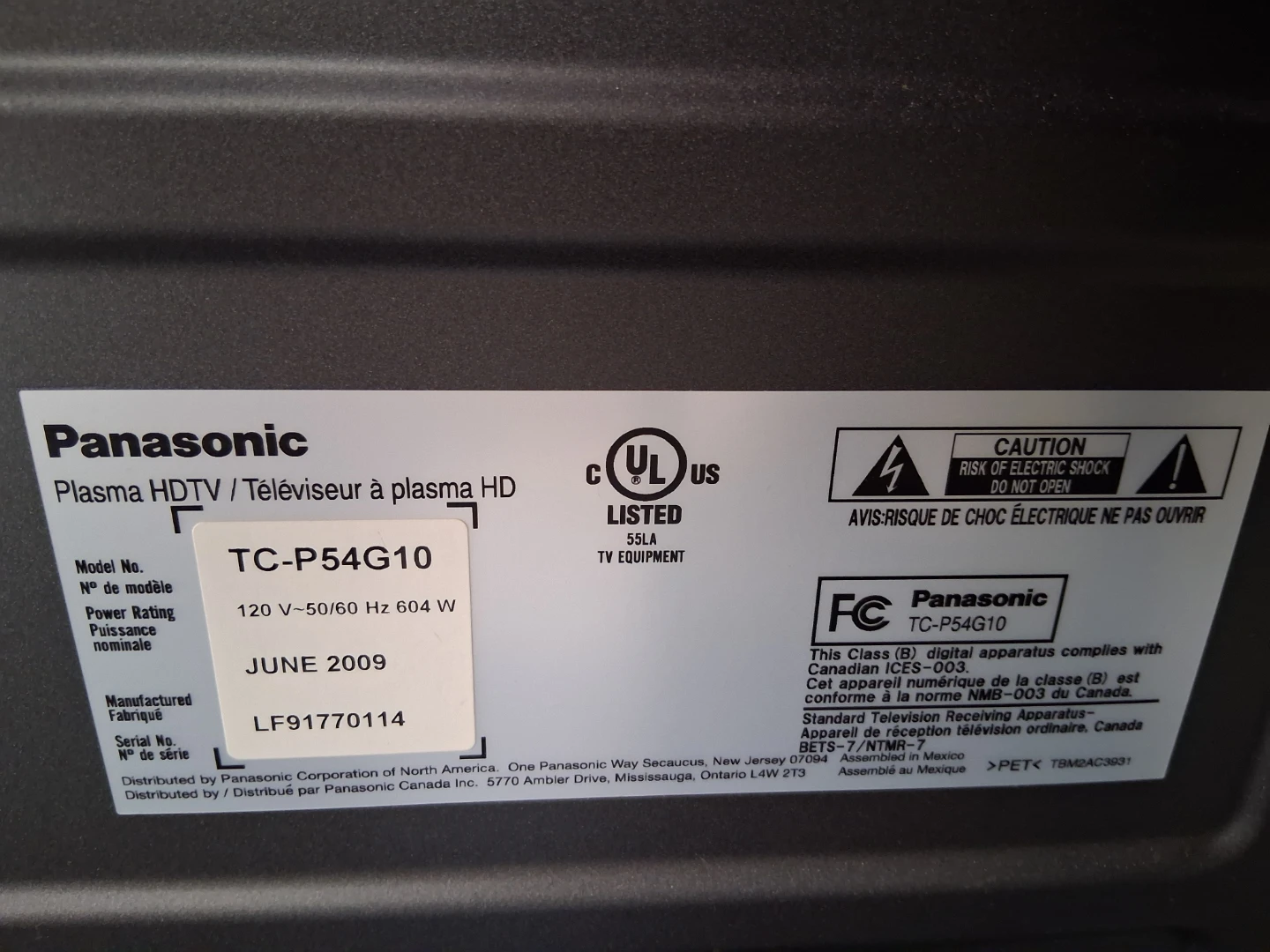 Panasonic VIERA TC-P54G10 Plasma HDTV - photo 2