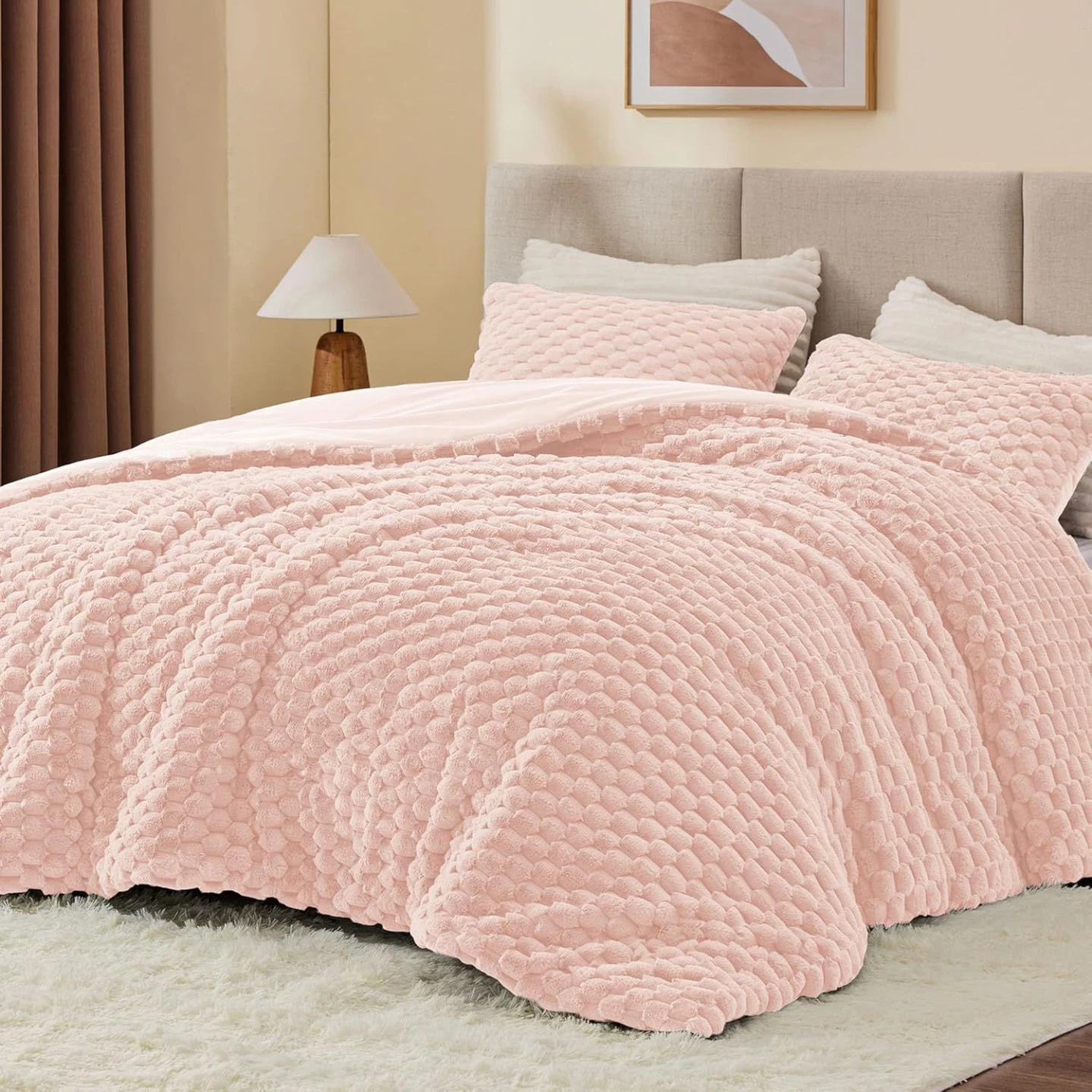 Pink 3D Jacquard Fuzzy Flannel Comforter Set