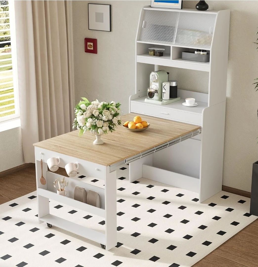 White Expandable Dining Table with Storage Shelves