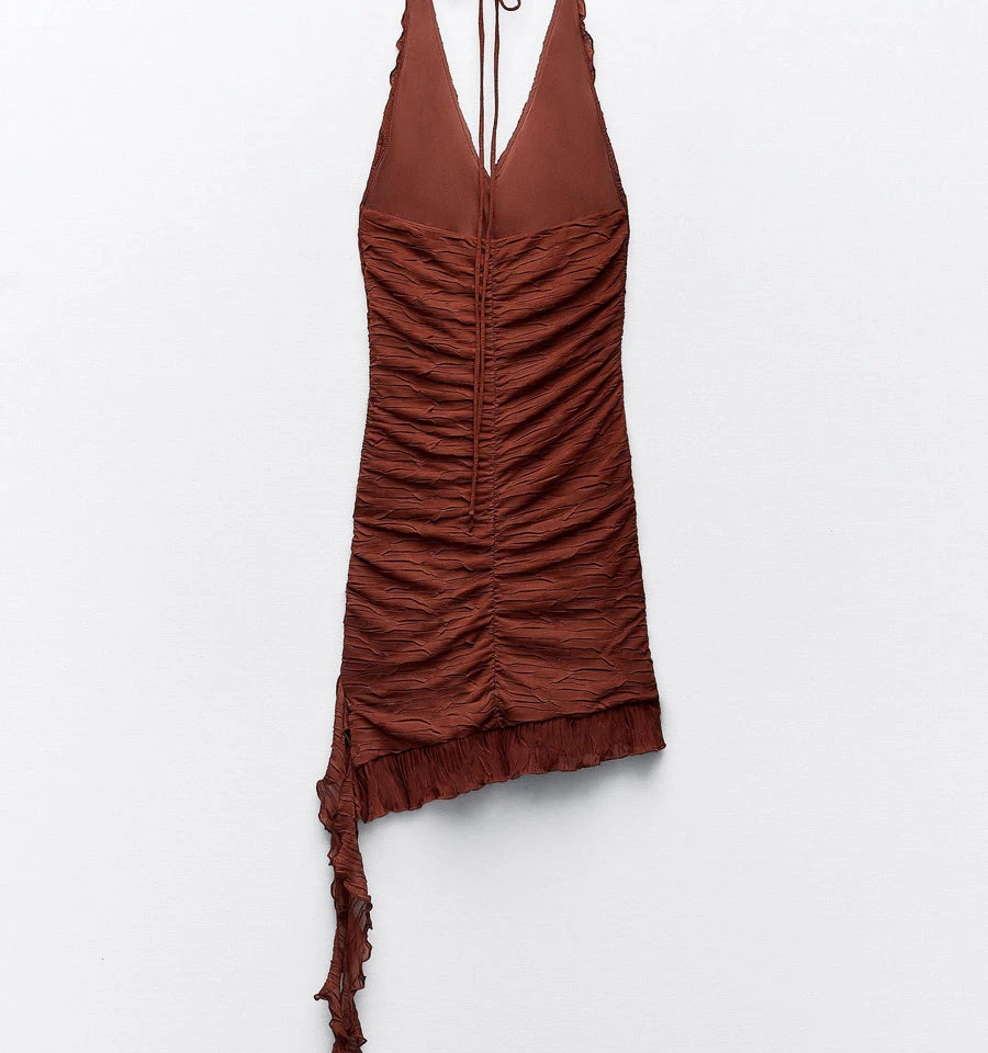 Zara Brown Ruched Halter Dress with Ruffles - photo 3