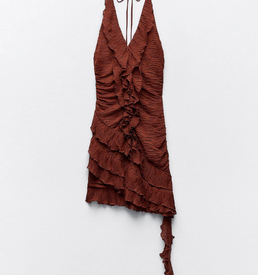 Zara Brown Ruched Halter Dress with Ruffles - photo 4