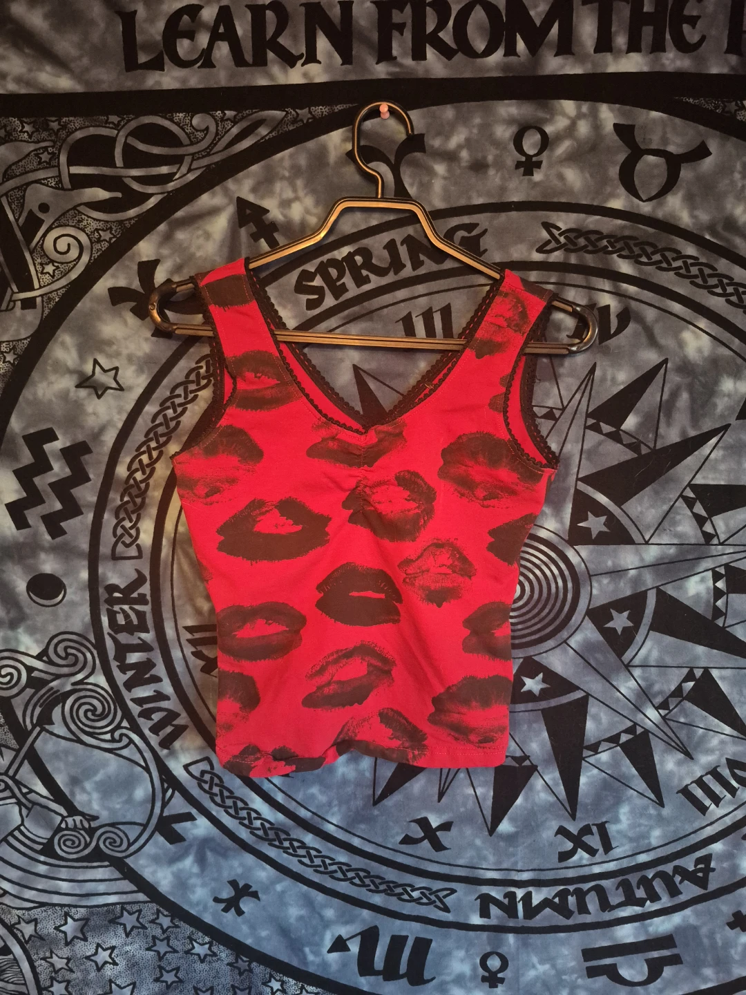 Red Sleeveless Top with Dark Lips Print