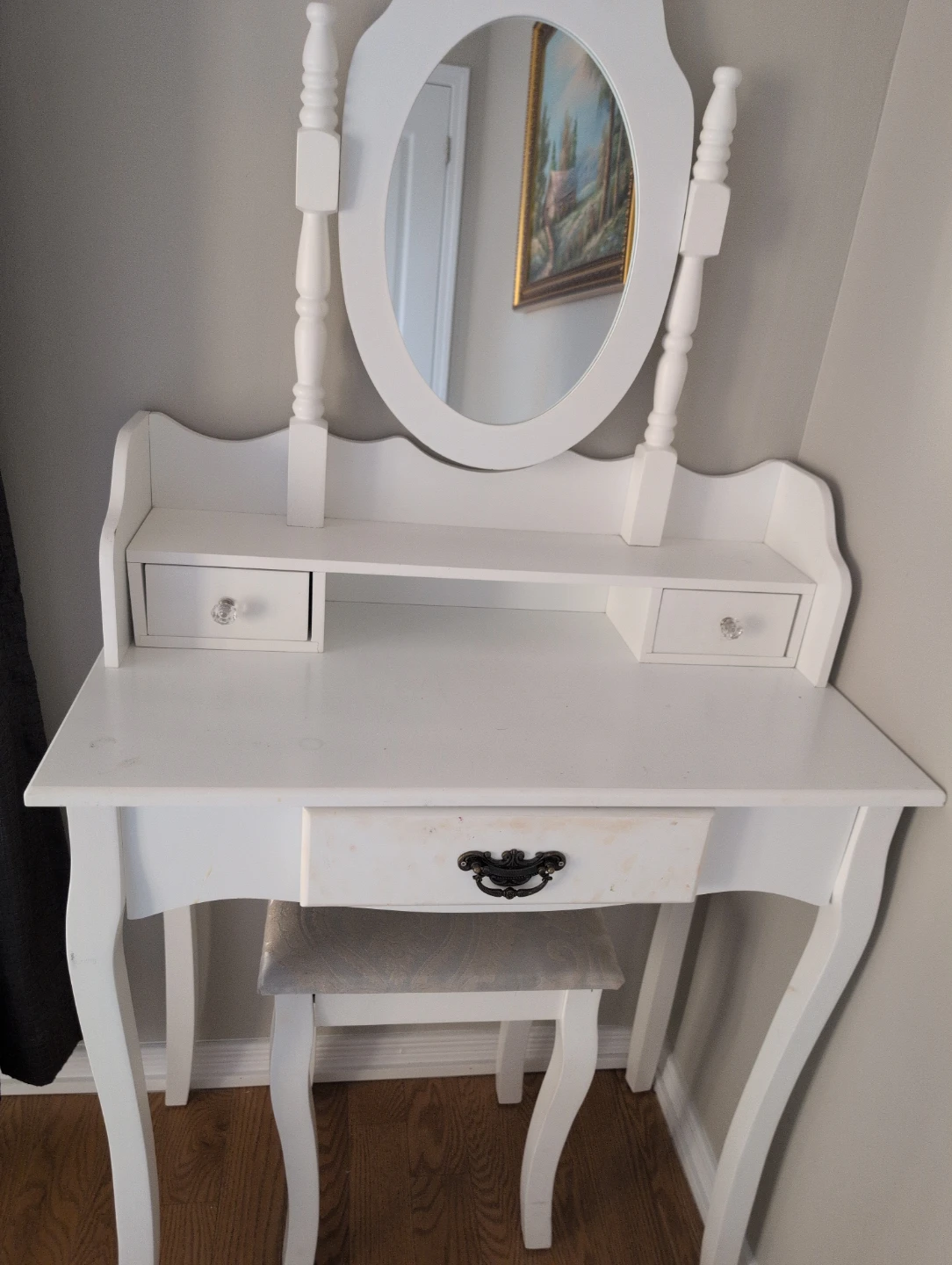 White Vanity Table with Mirror and Stool