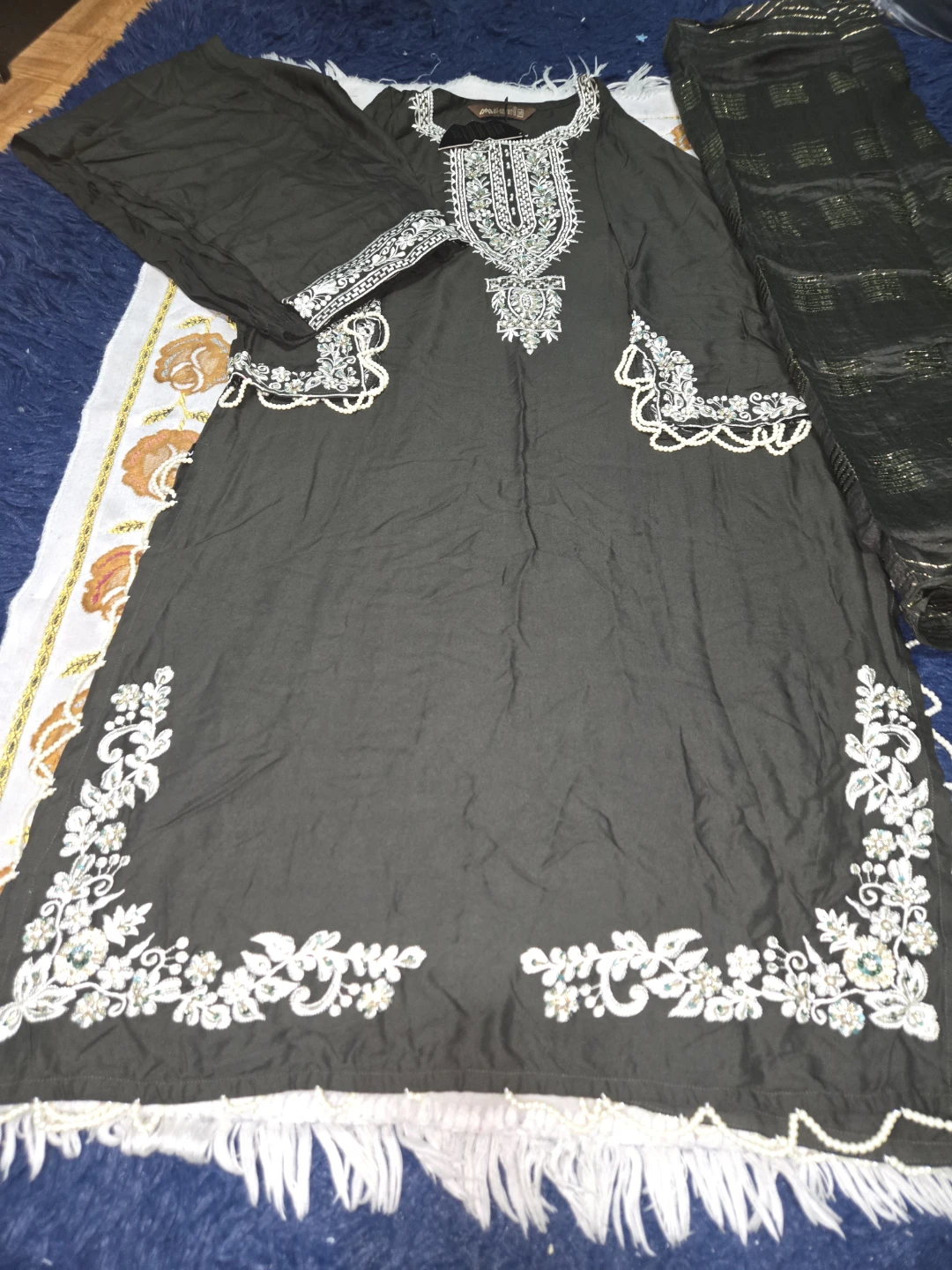 Olive green Embroidered Kurti with Dupatta and Pants