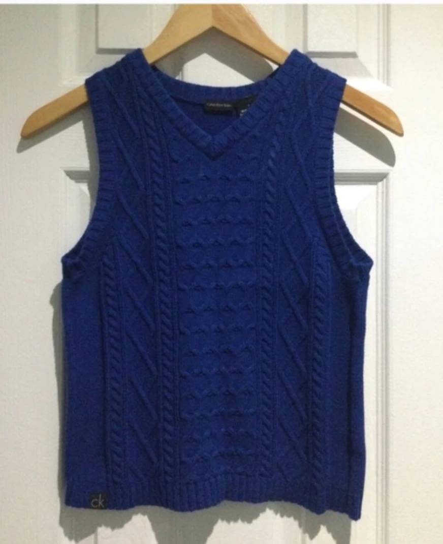 Calvin Klein Blue Cotton Cable Knit Sweater Vest