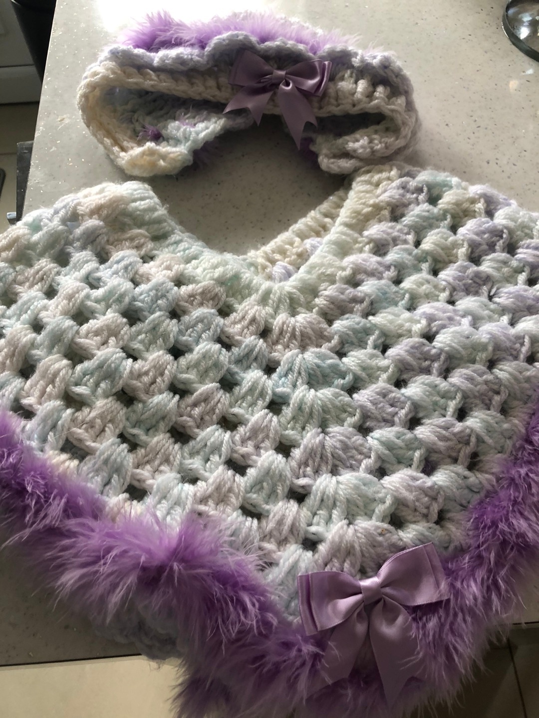 Crocheted Poncho and Hat Set with Feathers and Bows