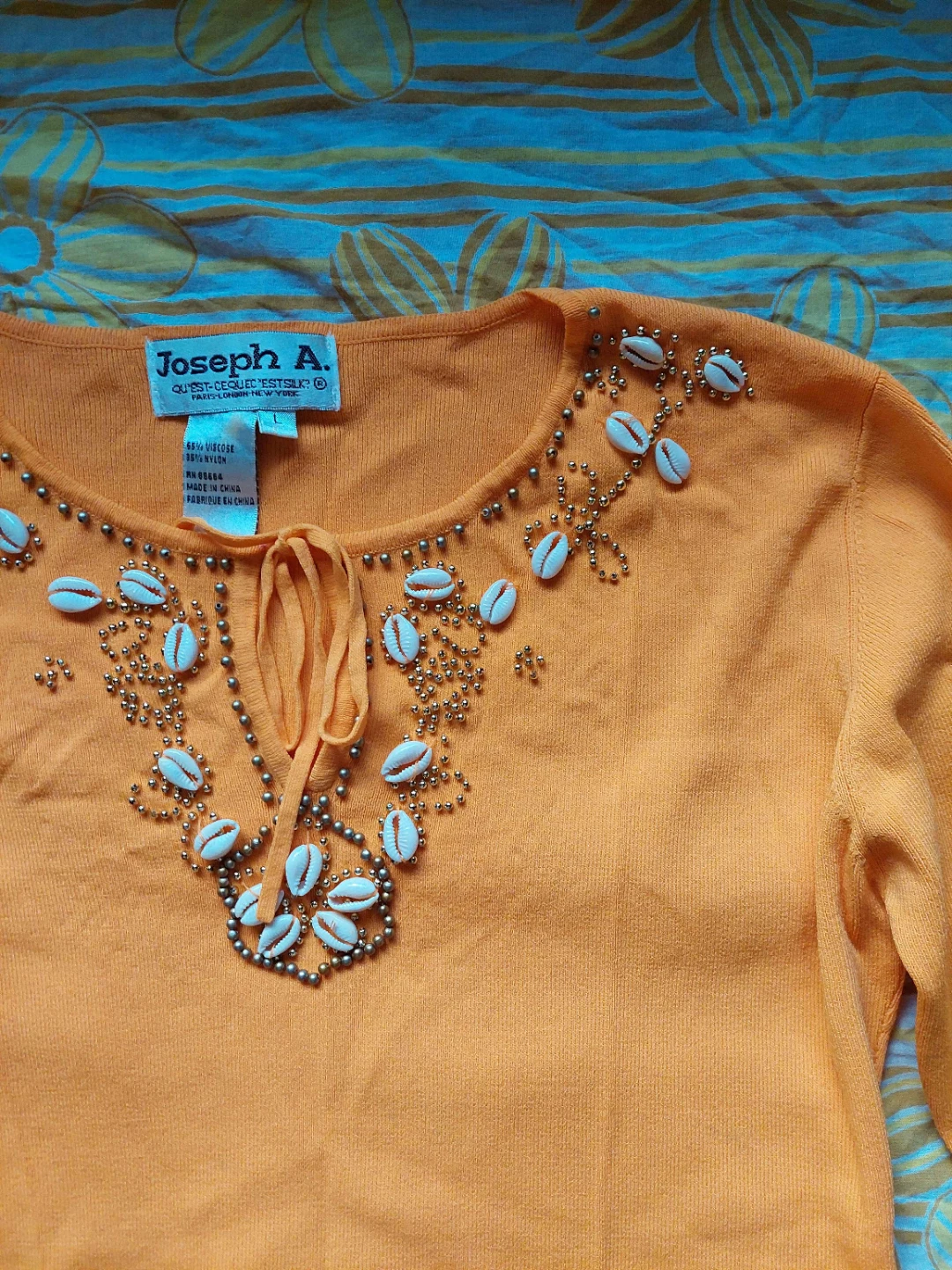 Orange beaded boho top with shells and bead trim - photo 3