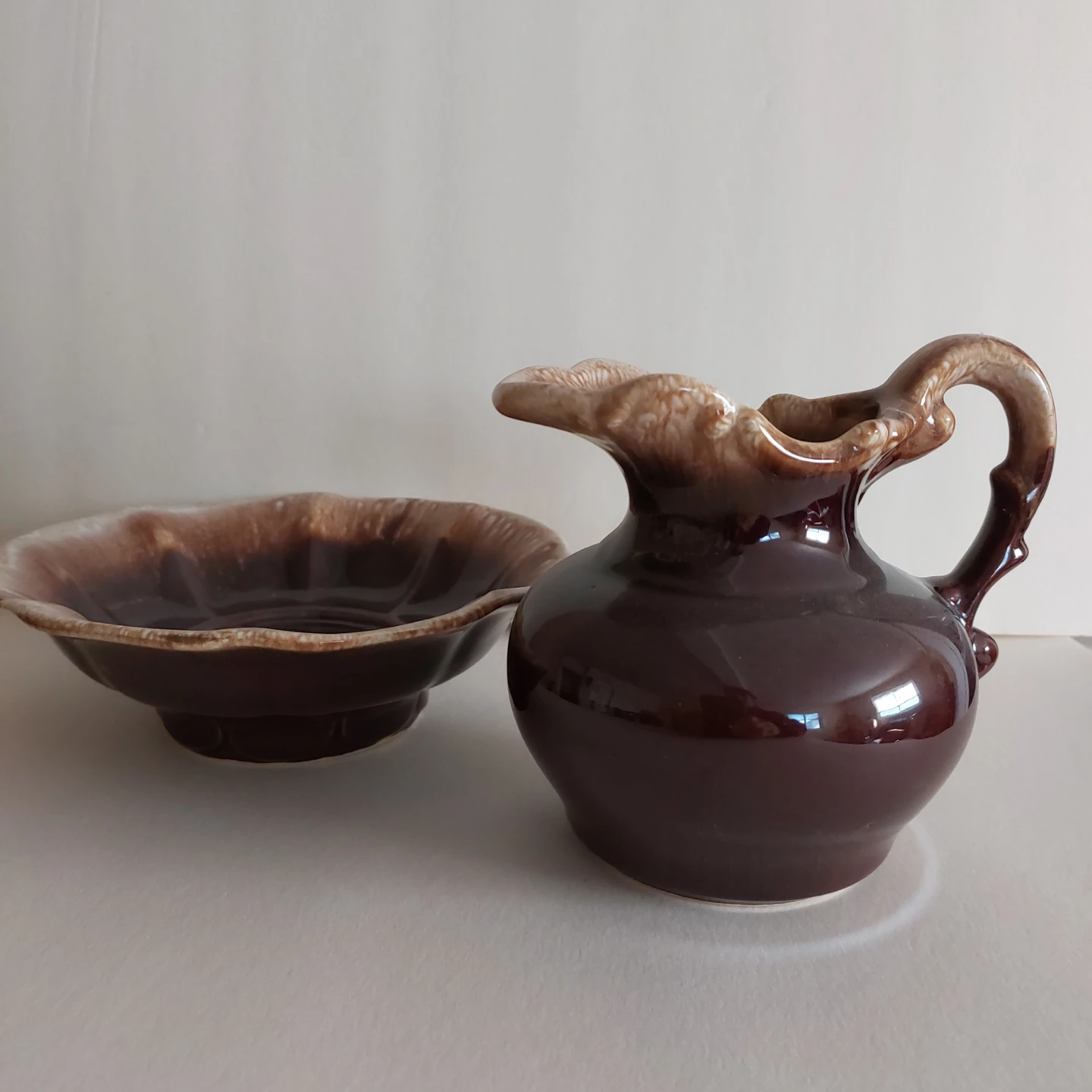Vintage Brown Ceramic Pitcher and Bowl Set