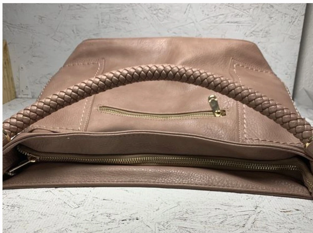 Dusty Rose Faux Leather Hobo Bag with Braided Handle - photo 3