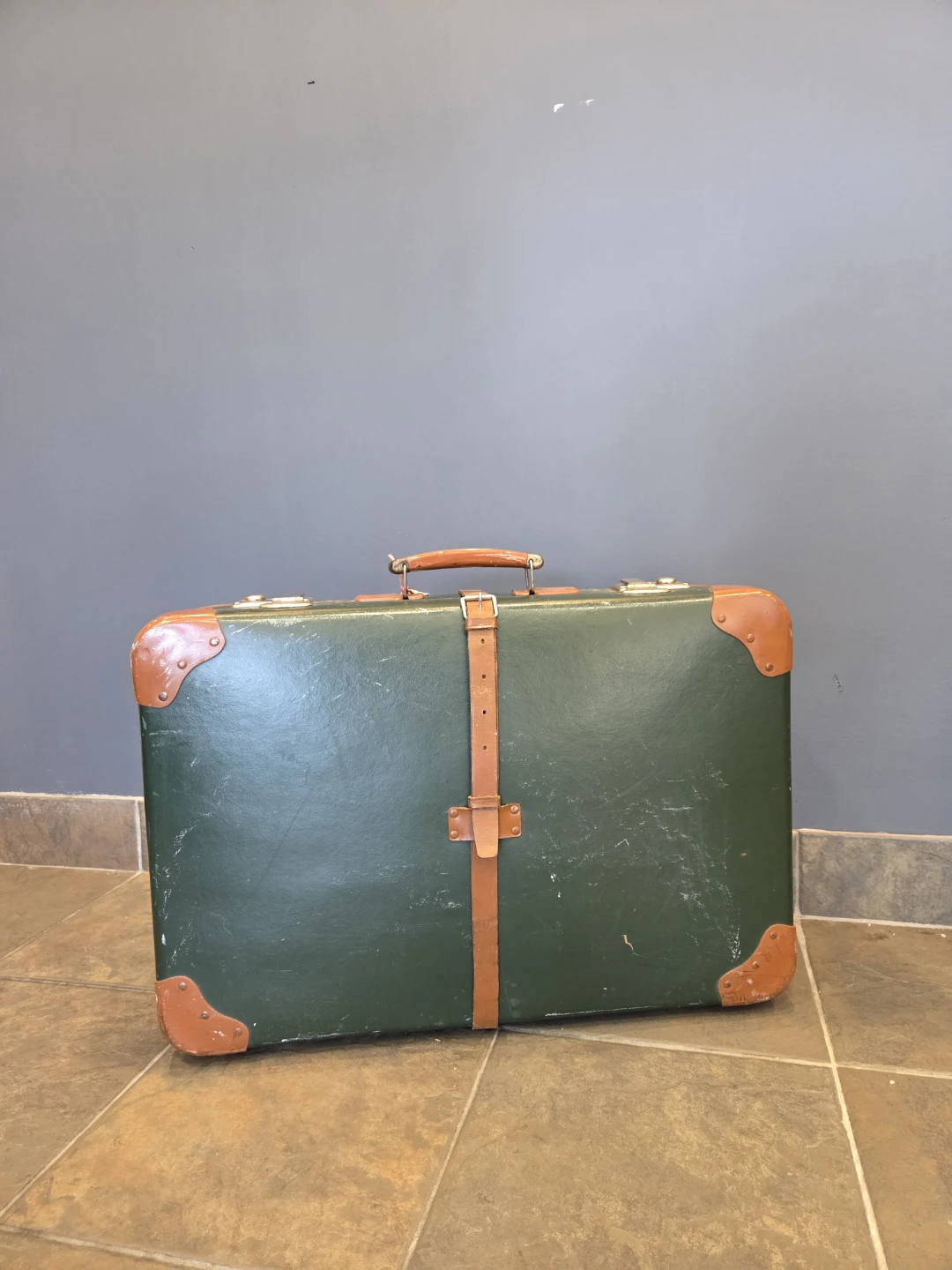 Vintage Green Suitcase with Brown Leather Accents