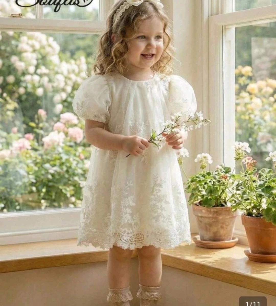 Kids Ivory Lace Puff Sleeve Dress