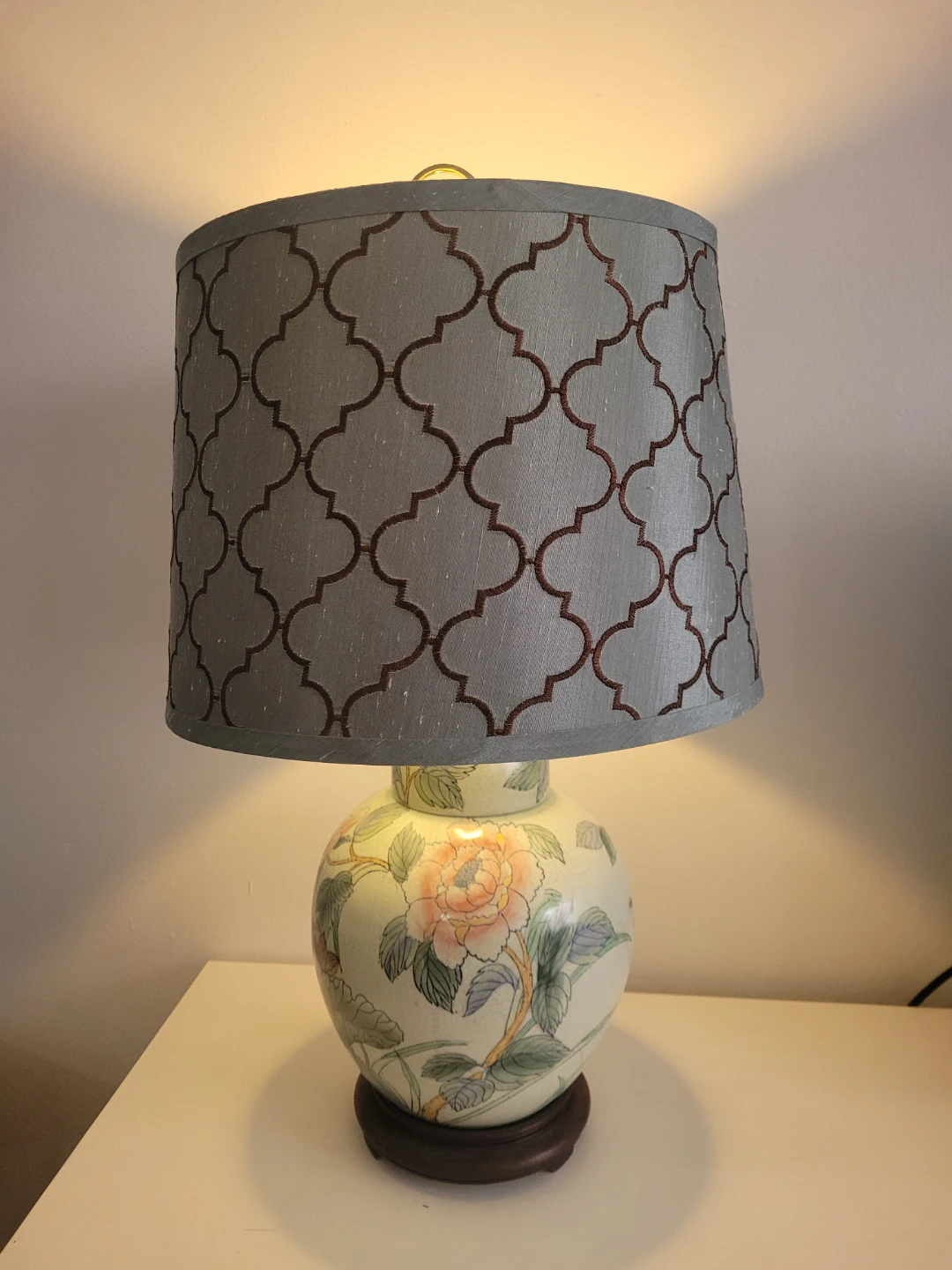 Table Lamp with Floral Ceramic Base and Decorative Shade