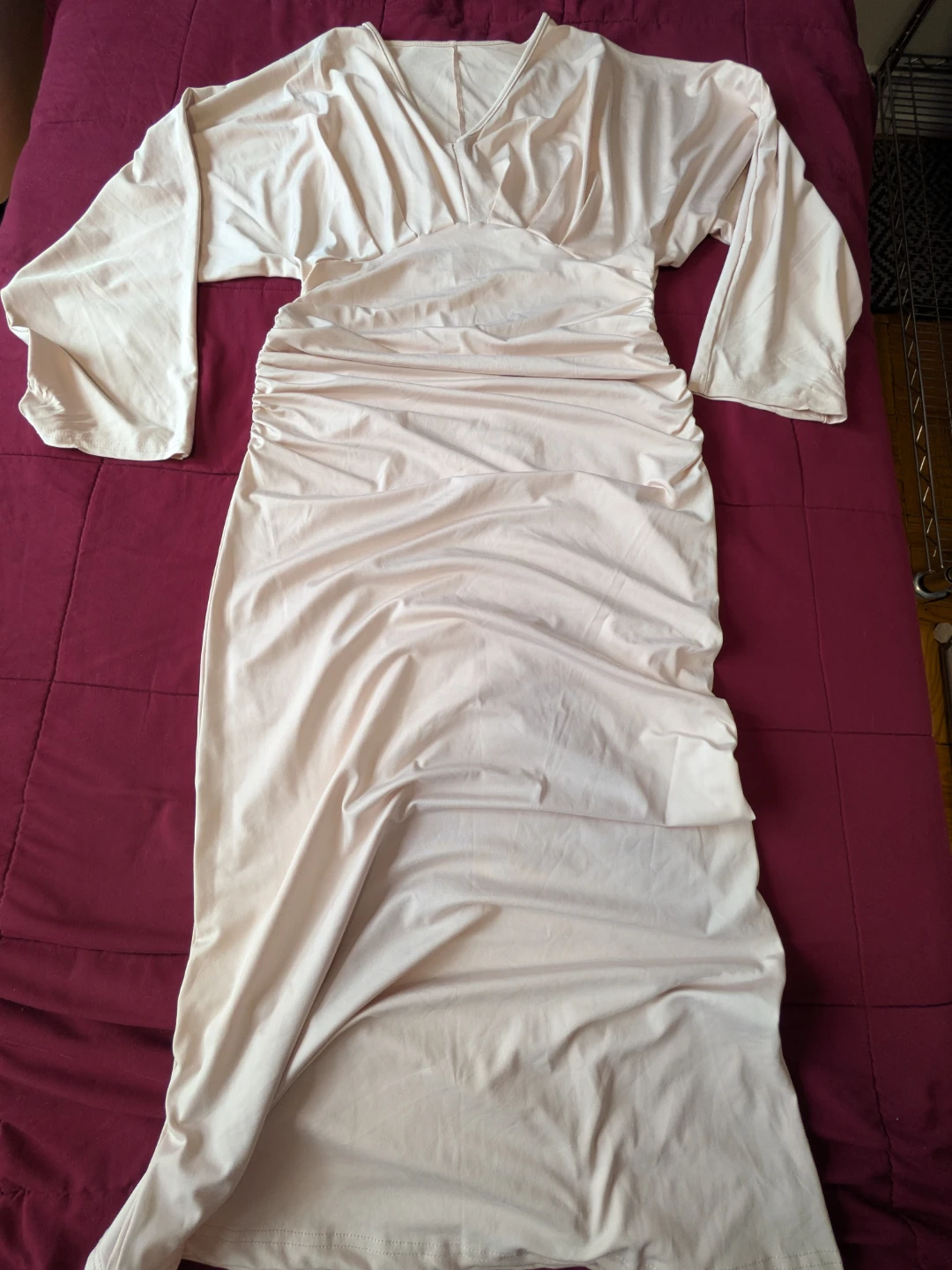 Cream Ruched Long Sleeve Maxi Dress