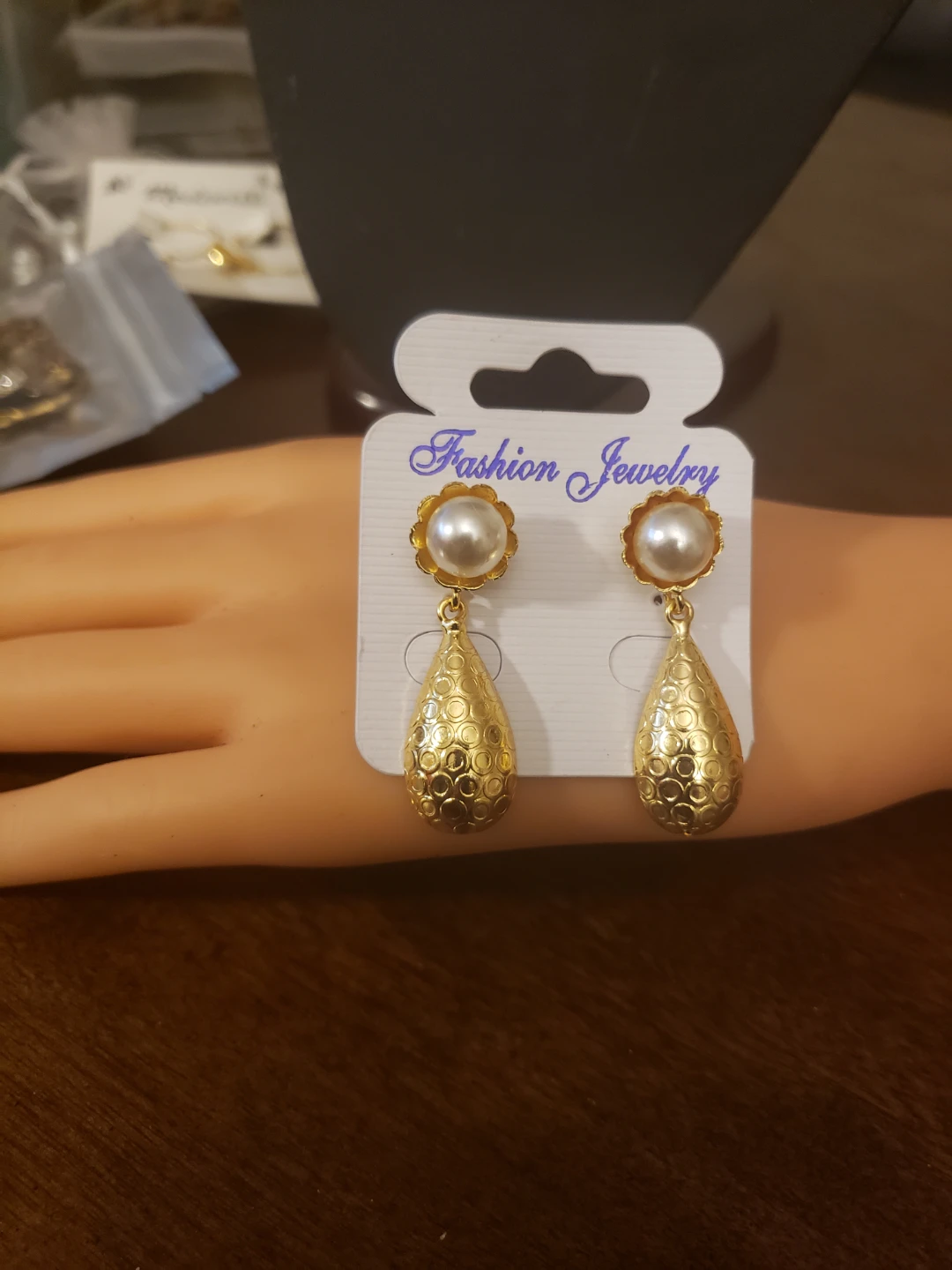 Gold Tear Drop Earrings with Faux Pearls