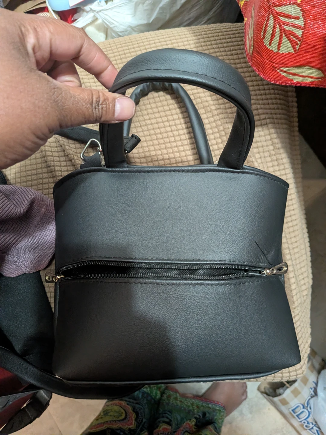 Black Faux Leather Handbag with Zipper Pocket