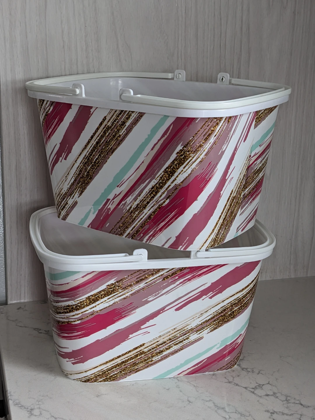 Set of 2 Decorative Rectangle Plastic Pails with Handles