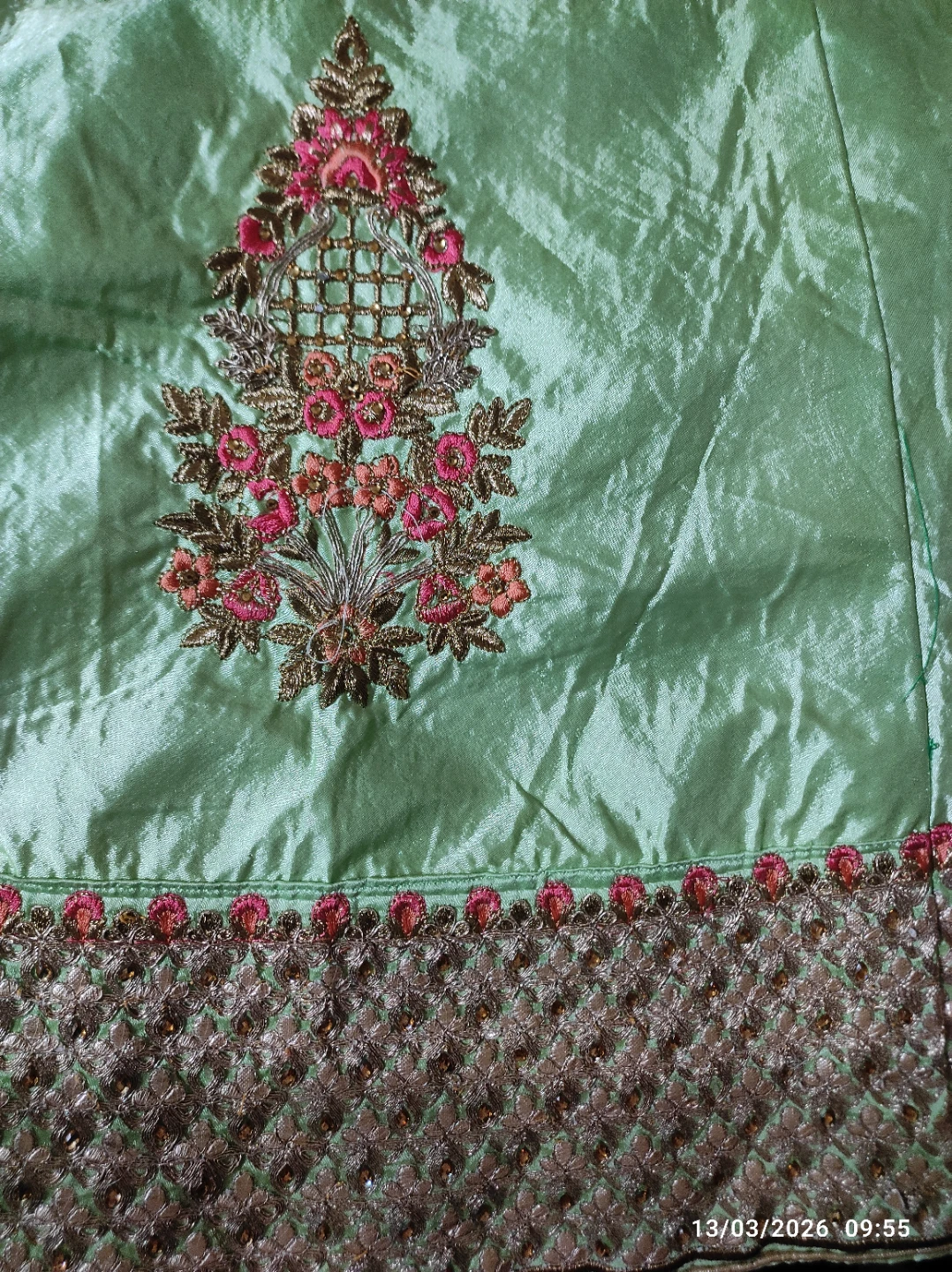 Light Green Embroidered Lehenga Choli Set with Orange Dupatta - photo 3