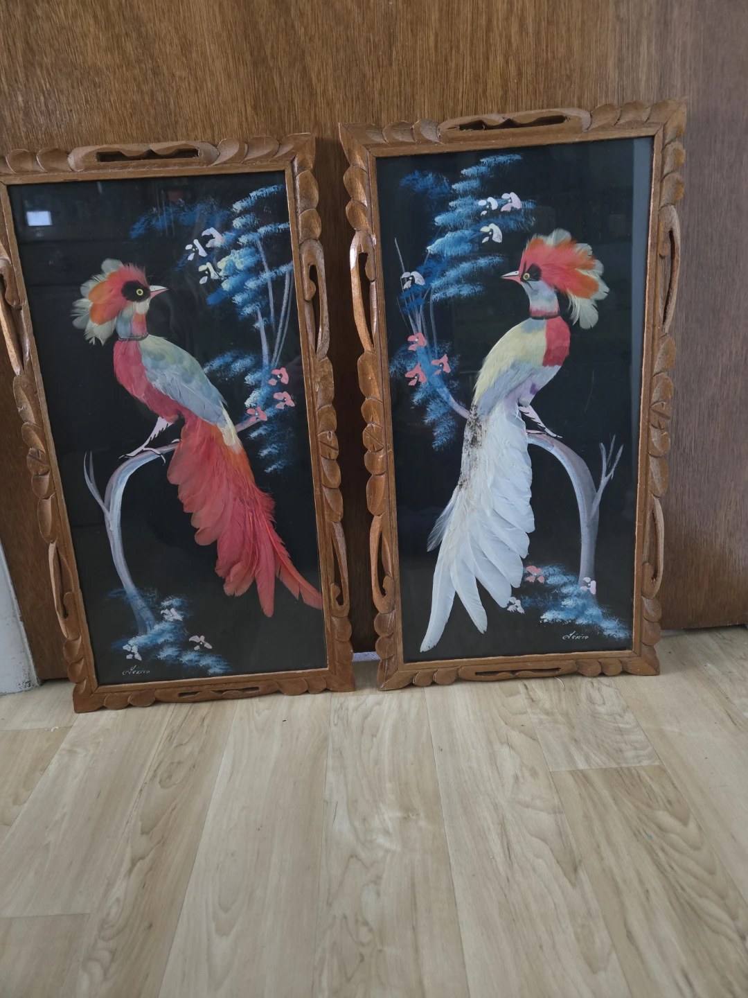 Two (2) Vintage Mexican Bird Feather Art Pictures