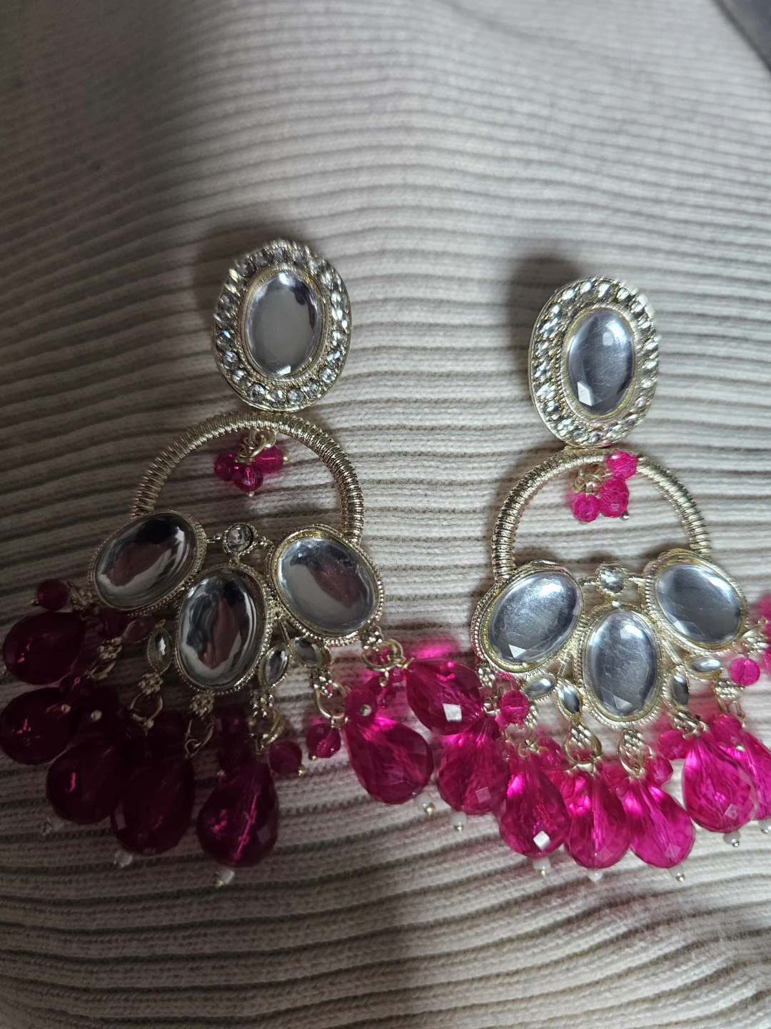Gold-tone Chandelier Earrings with Pink Beads