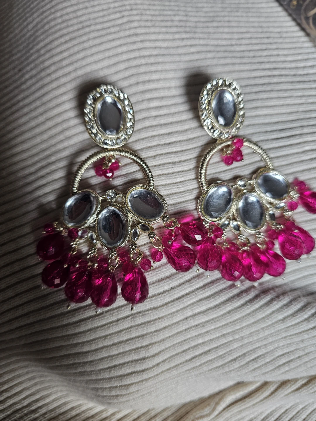 Gold-tone Chandelier Earrings with Pink Beads - photo 2