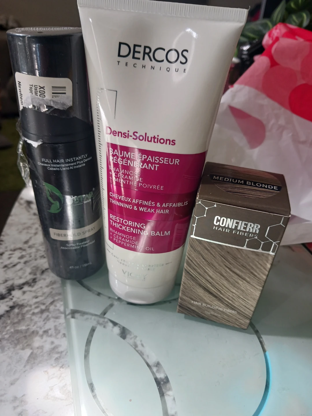 DERCOS Densi-Solutions Thickening Balm & CONFIERR Hair Fibers