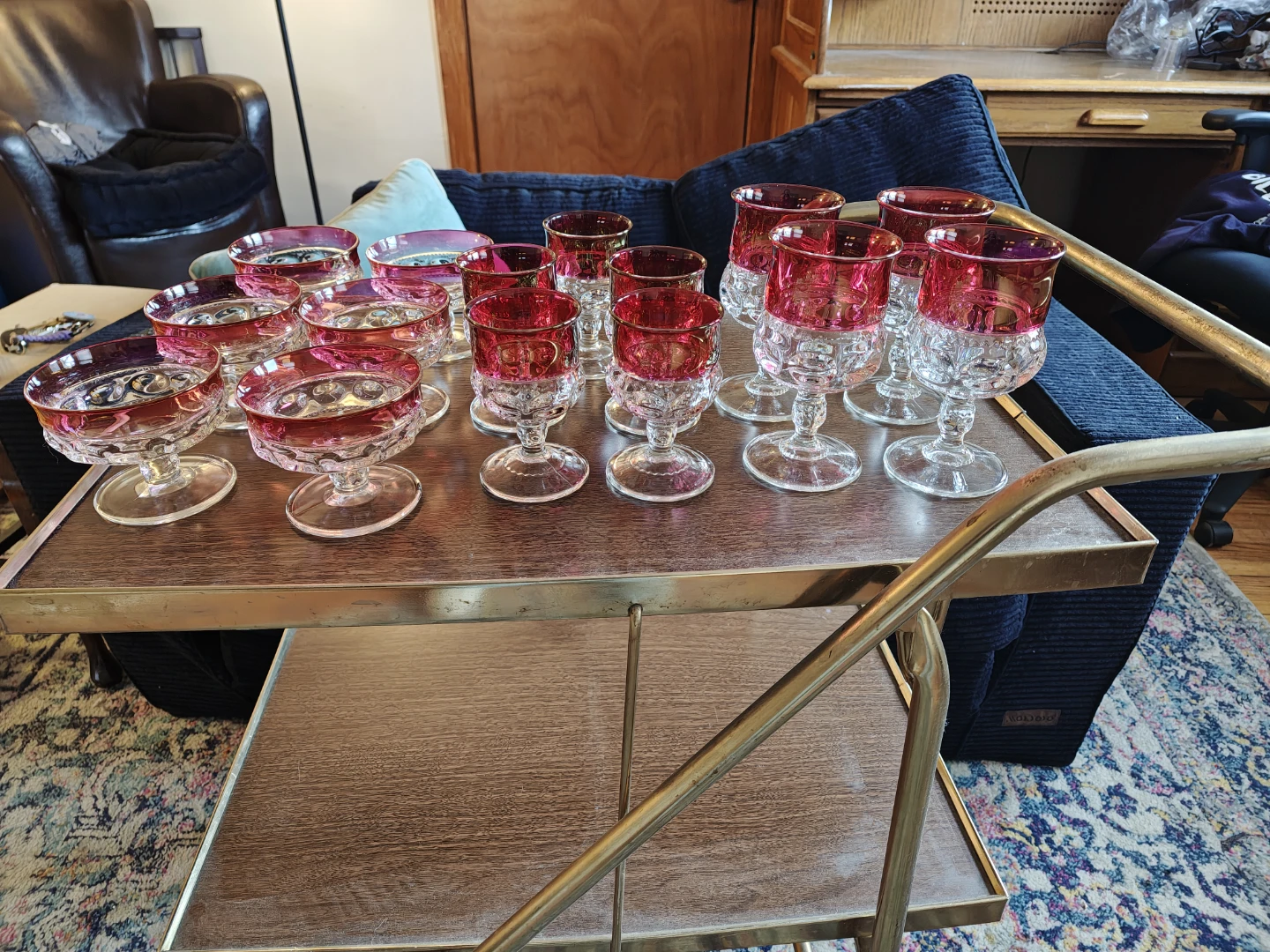 Midcentury Modern Set of Ruby Cranberry Kings Crown Glassware